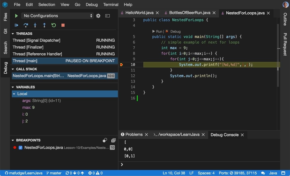 Screenshot of the Java debugging interface in Gitpod, showing code lens actions on main methods and the debug toolbar for stepping through code.