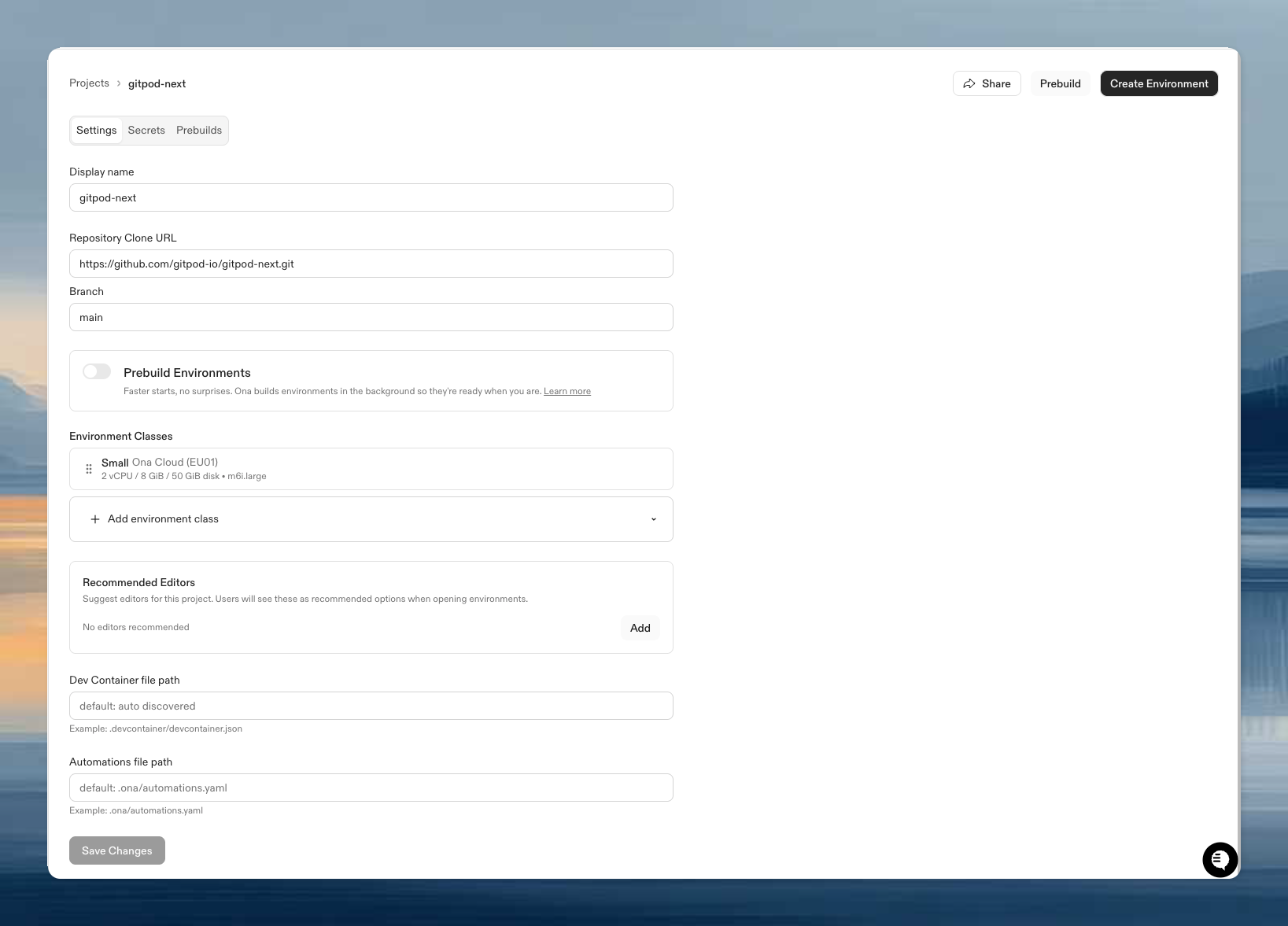 Project detail page with Settings, Secrets, and Prebuilds tabs