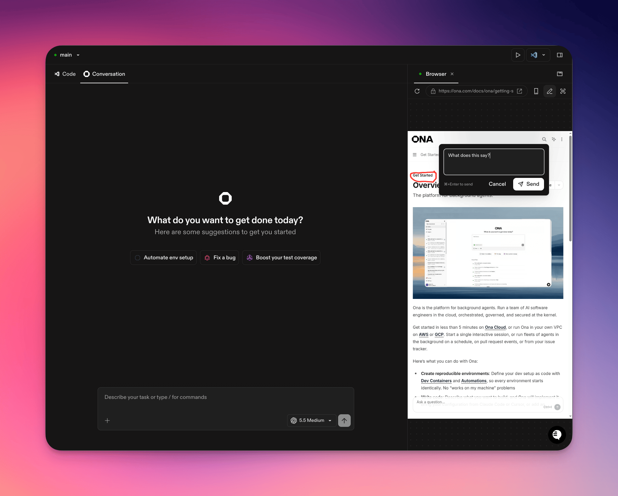 Browser annotation draft with a circled area and a message prompt