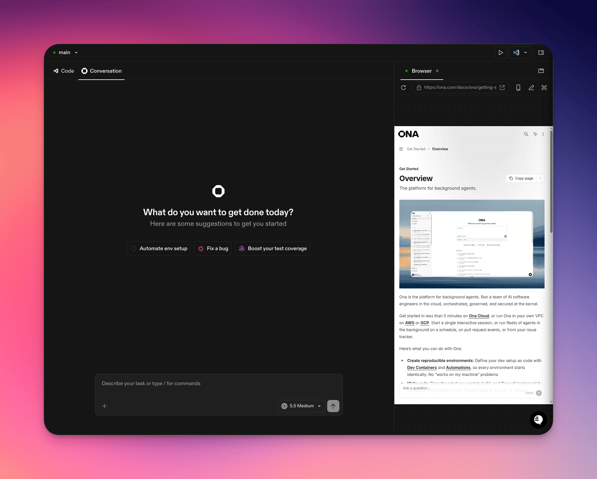 Browser tab open next to an Ona conversation in a running environment