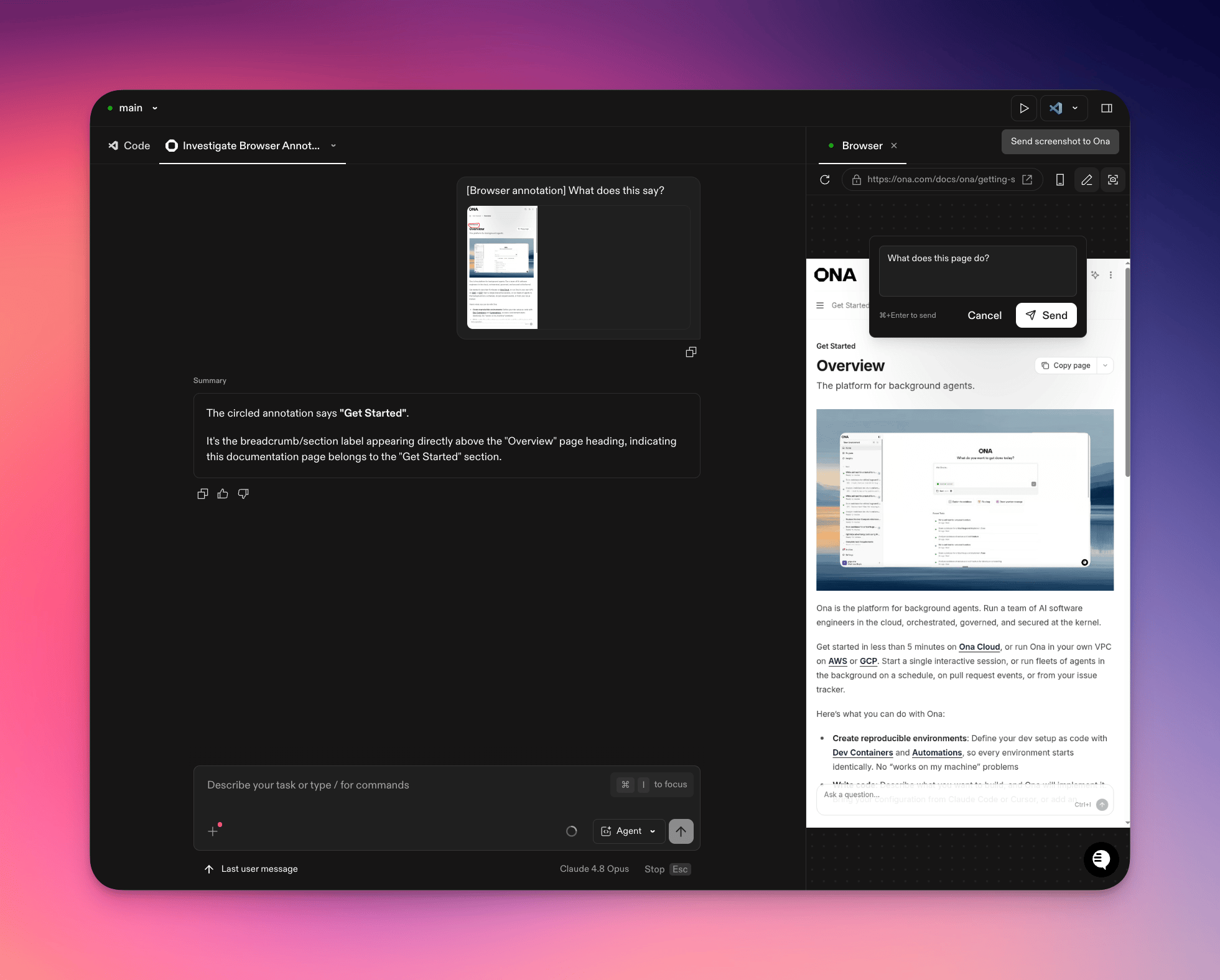 Prompt for sending a Browser tab screenshot to Ona