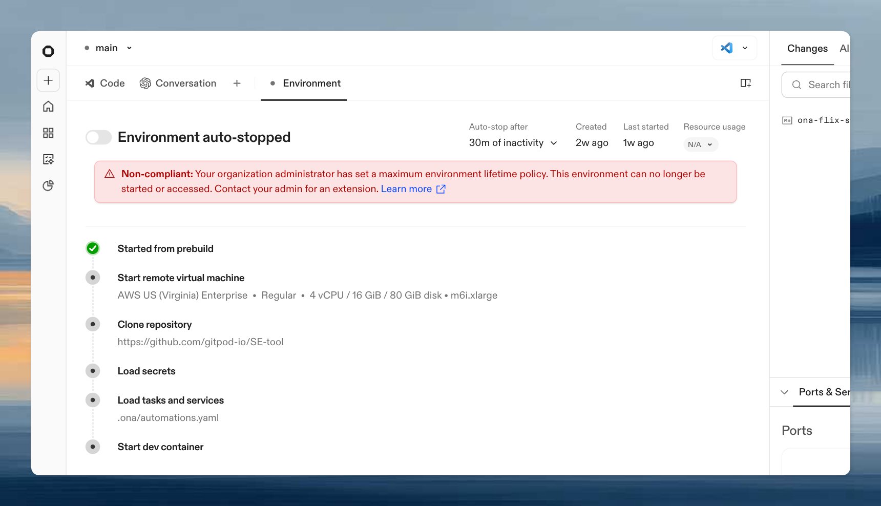 Non-compliant environment status banner on the details page
