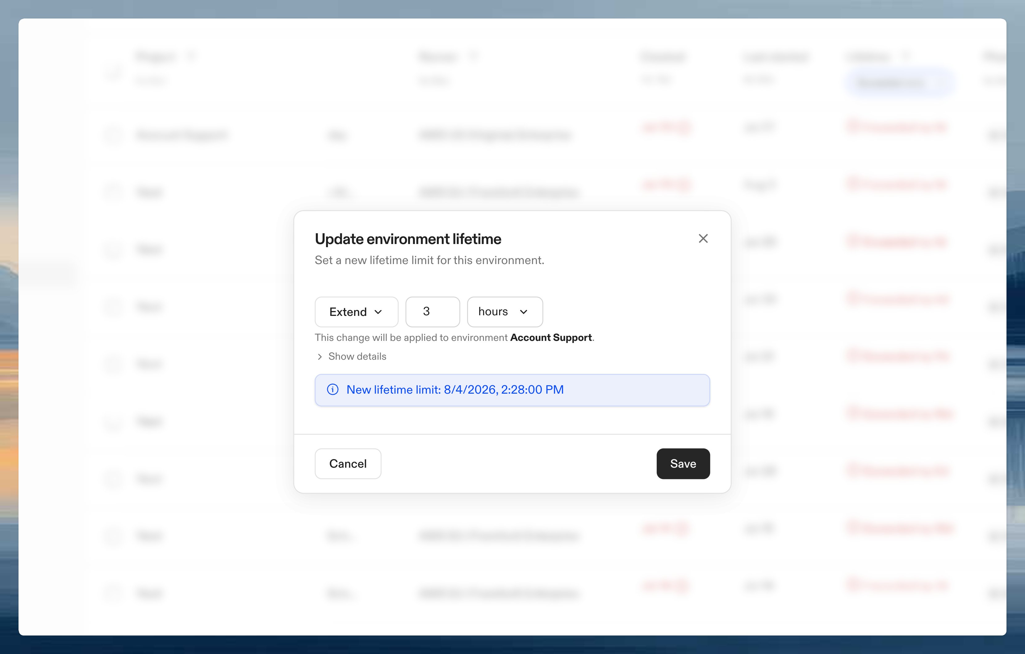 Update environment lifetime modal