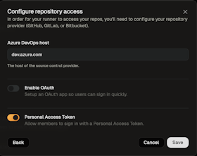 Azure DevOps provider configuration dialog with Personal Access Token toggle enabled