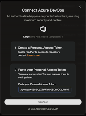 Dialog for entering the Azure DevOps Personal Access Token