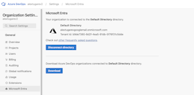 Azure DevOps organization settings showing Microsoft Entra ID connection