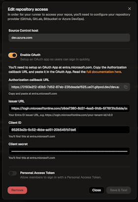 Azure DevOps Entra ID OAuth configuration dialog with fields for Client ID, Client Secret, and Issuer URL