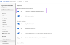 Azure DevOps Security Policies page with Third-party application access via OAuth setting