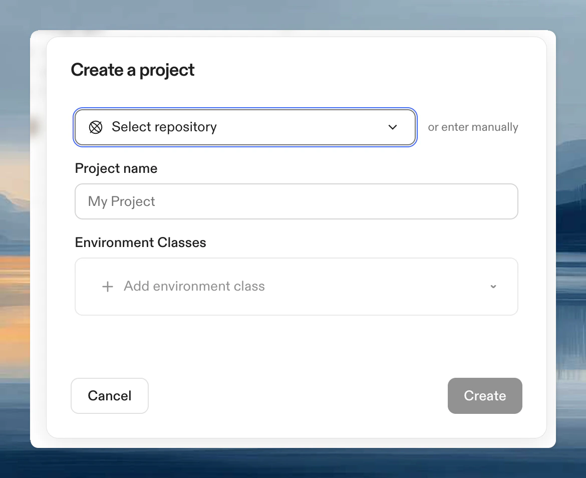 Create a project dialog with repository selector, project name, and environment classes