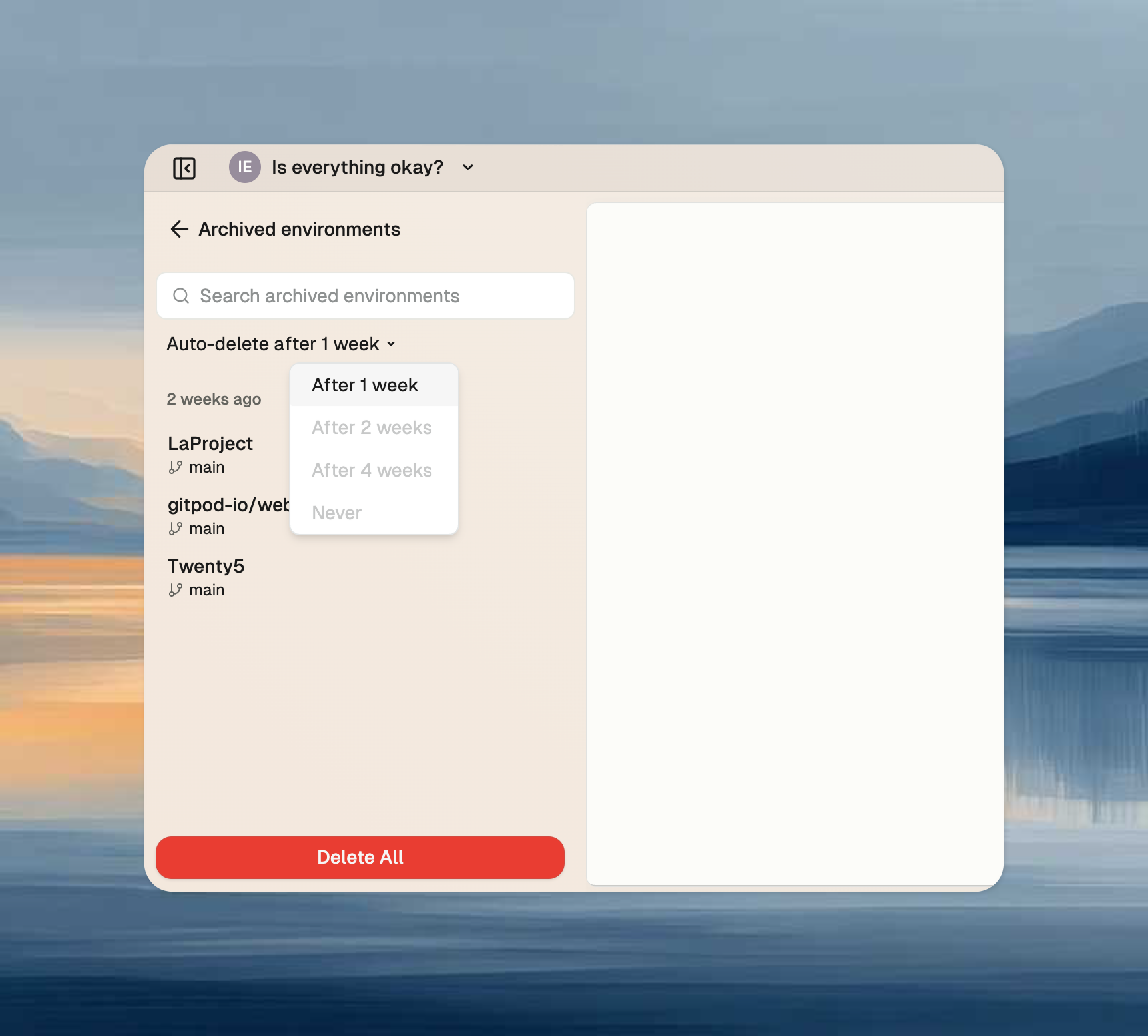 Auto-delete dropdown showing available options