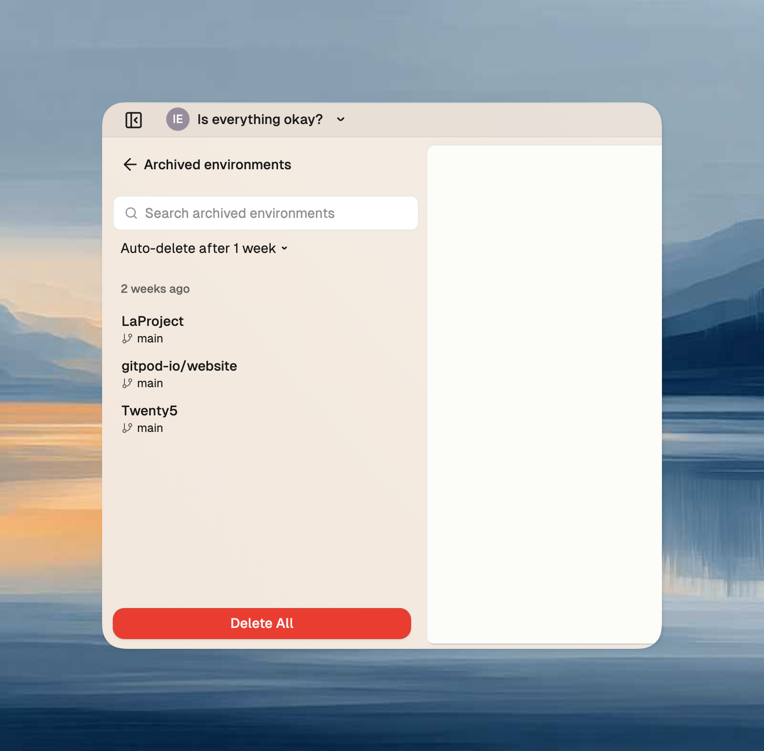 Archive view showing all archived environments