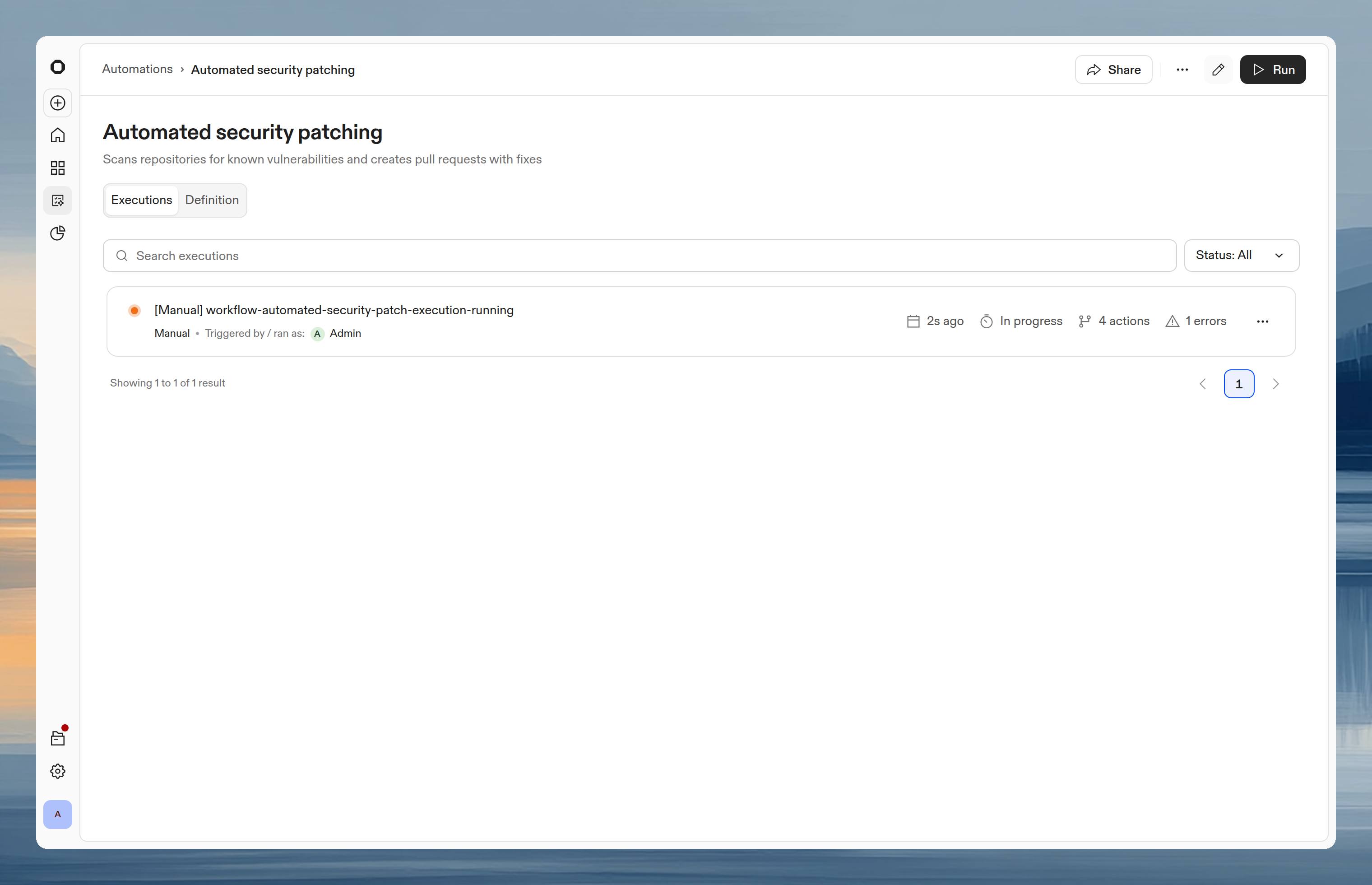 Automation details showing execution history and run controls
