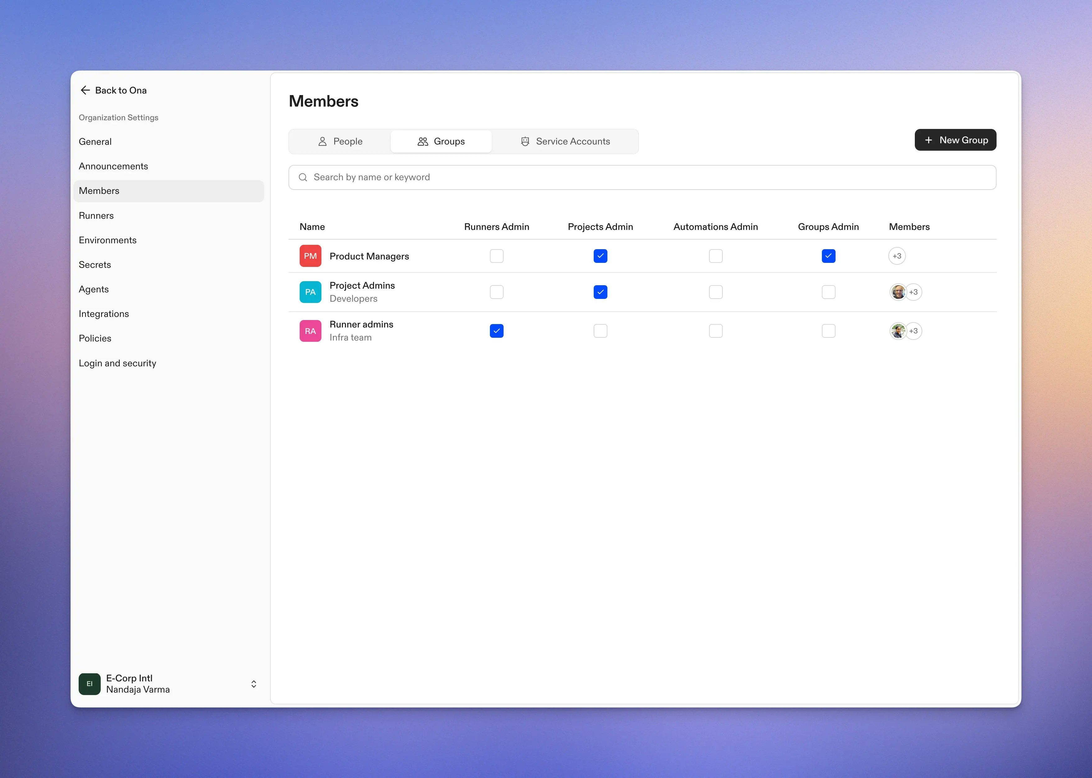Groups table showing role checkbox columns for Runners Admin, Projects Admin, Groups Admin, and Automations Admin