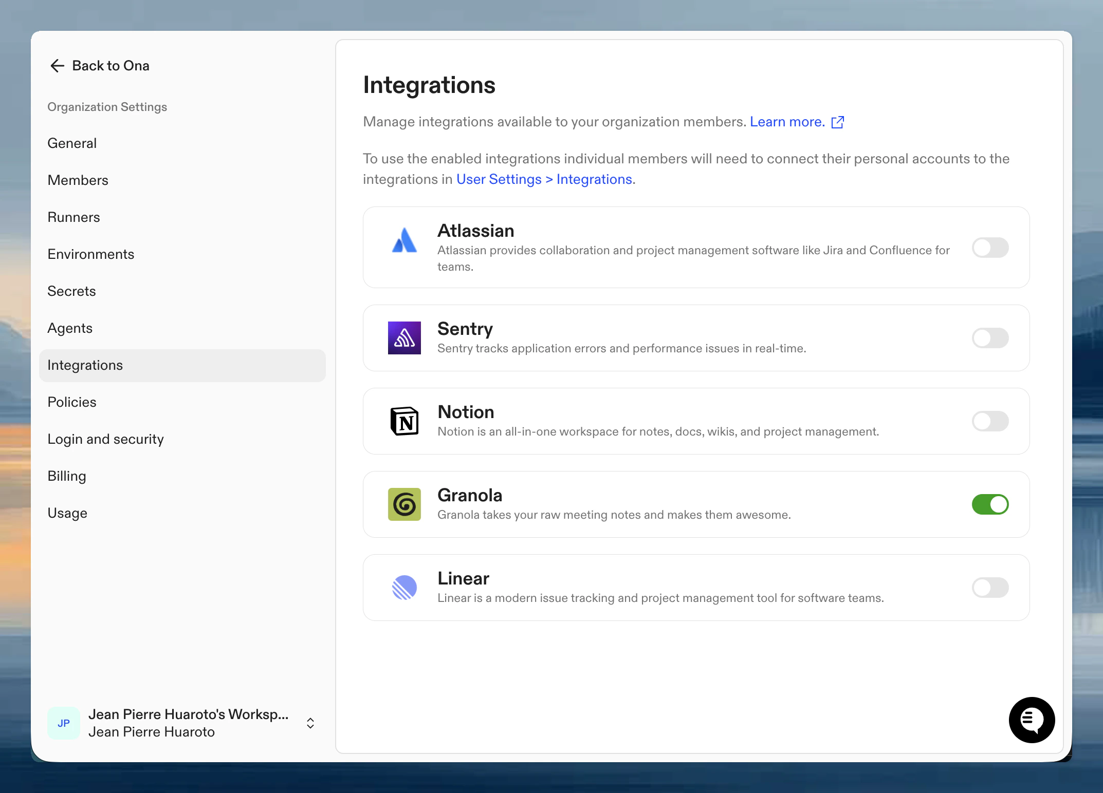 Organization integration settings