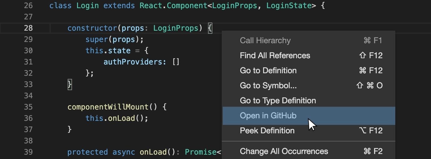 Screenshot of the Gitpod editor context menu showing options to navigate to GitHub, allowing users to copy GitHub URLs for specific code locations.