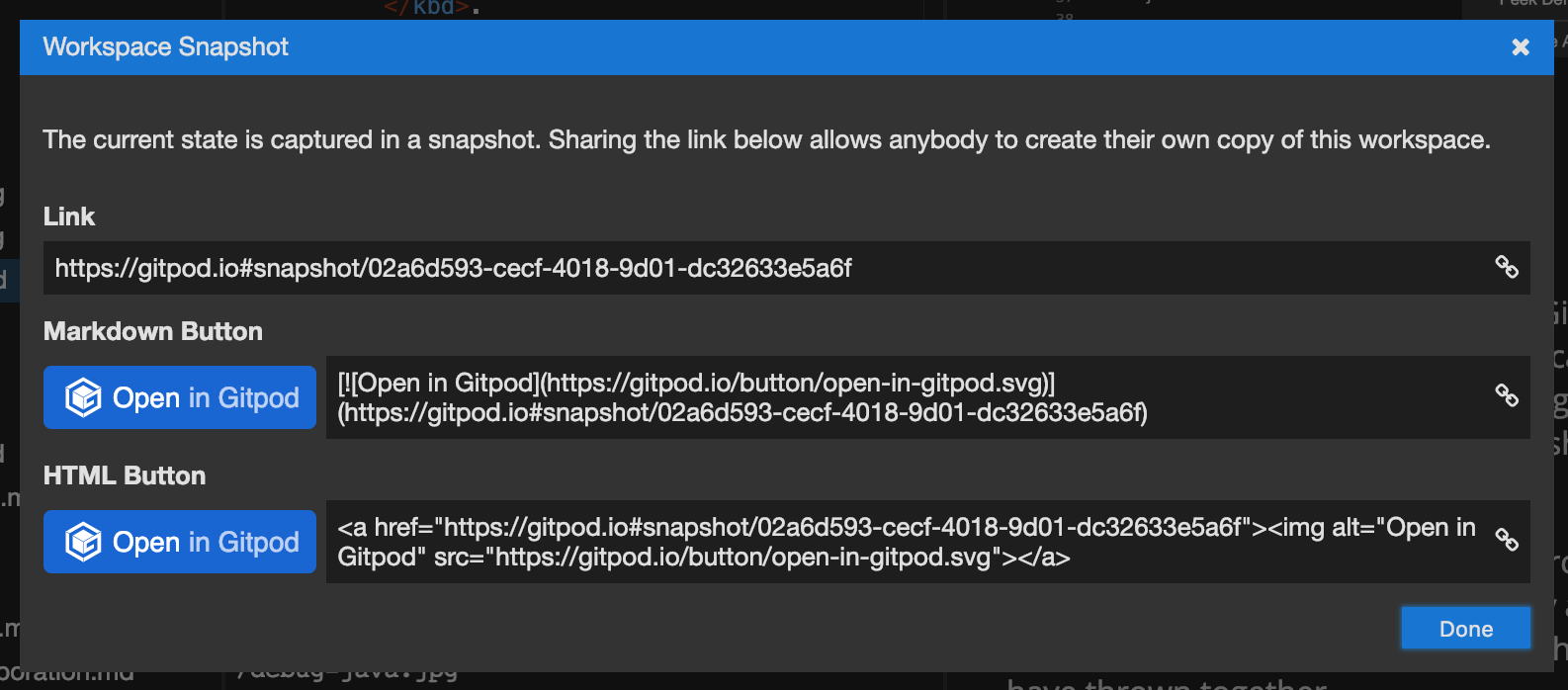 Screenshot showing the Gitpod snapshot feature interface, which captures the current workspace state including UI layout and file changes for sharing.