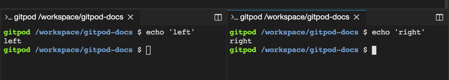 Screenshot displaying two terminal panels opened side by side in Gitpod, demonstrating the split-right terminal configuration option.