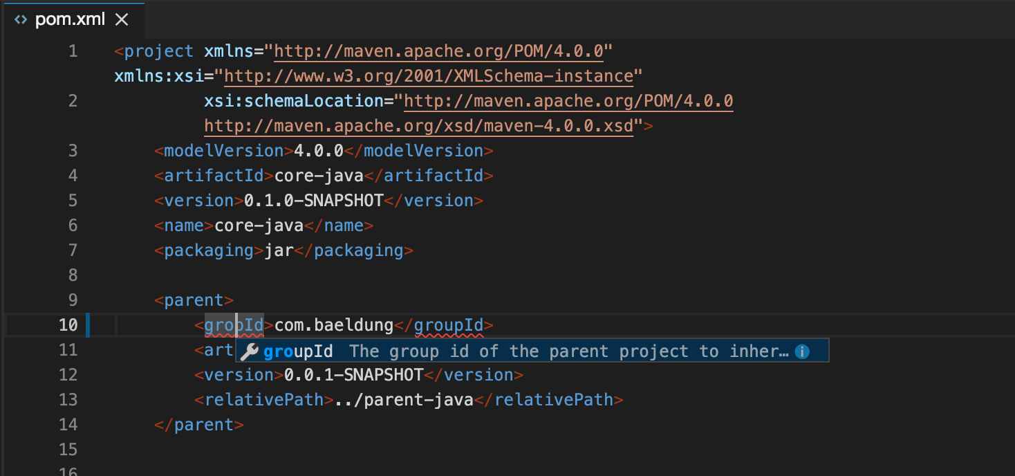 Screenshot demonstrating XML editing support in Gitpod with syntax highlighting, schema validation, diagnostics, and content assist features.