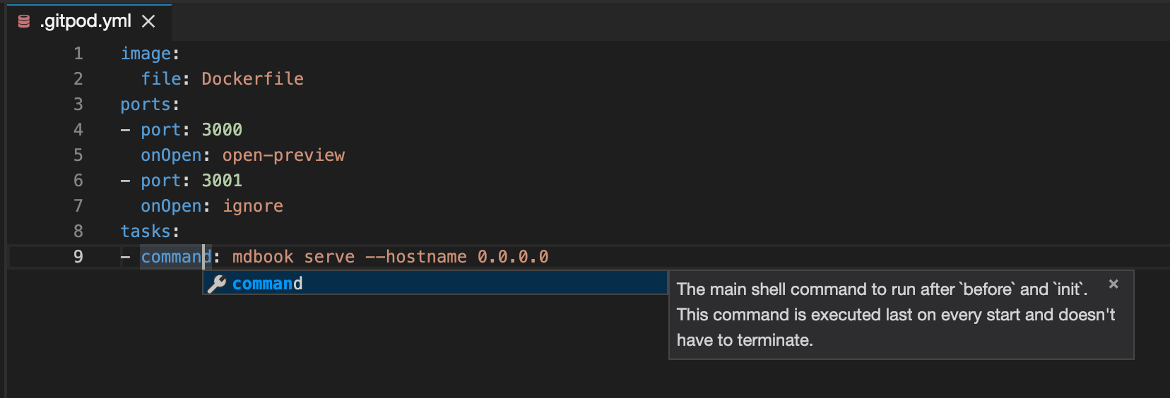 Screenshot showing YAML editing support in Gitpod with syntax highlighting, validation, and autocomplete suggestions for gitpod.yml configuration files.