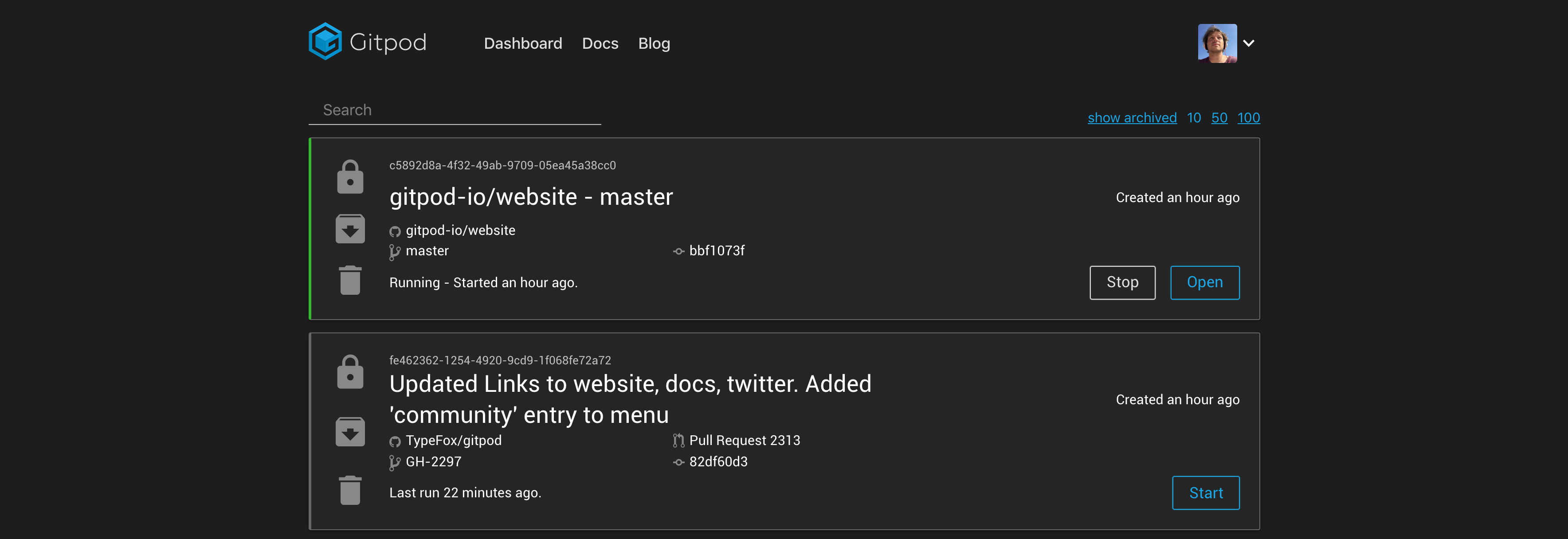 Screenshot of the redesigned Gitpod dashboard featuring the new dark theme, showing the workspace list and navigation interface.