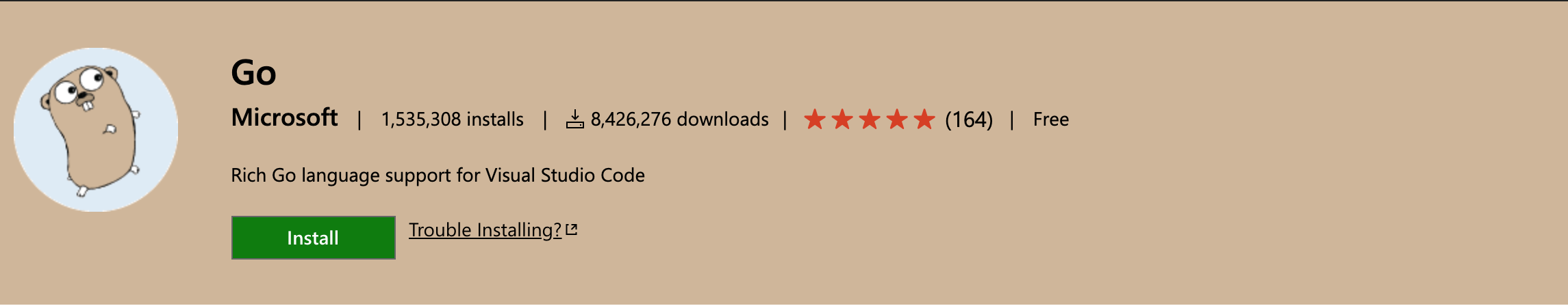 Screenshot showing the VS Code Go extension running in Gitpod, demonstrating Go language support with IntelliSense and code navigation features.