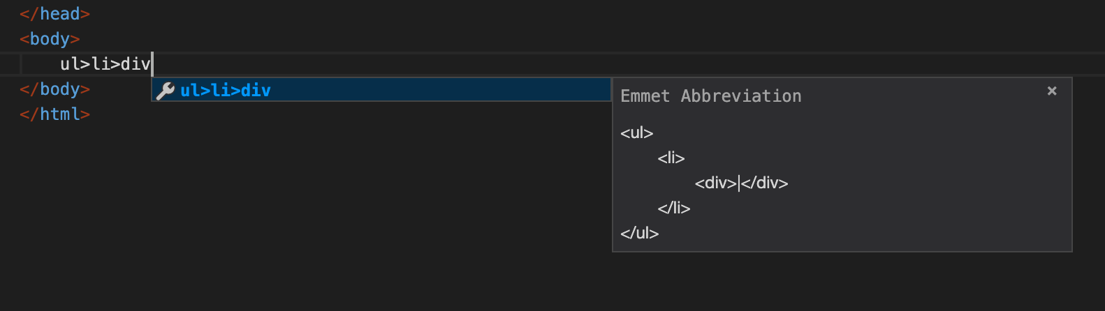 Screenshot demonstrating Emmet abbreviation expansion in Gitpod, showing how HTML boilerplate code is generated from shorthand syntax.