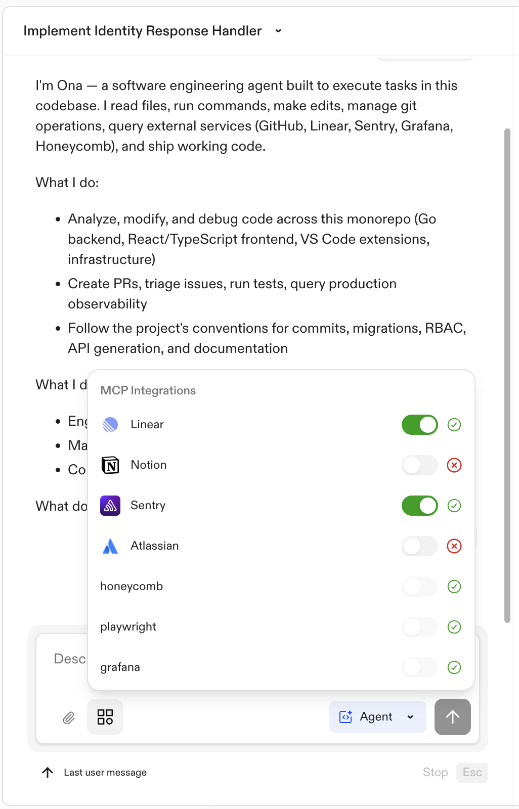 MCP Integrations panel showing available integrations with status indicators
