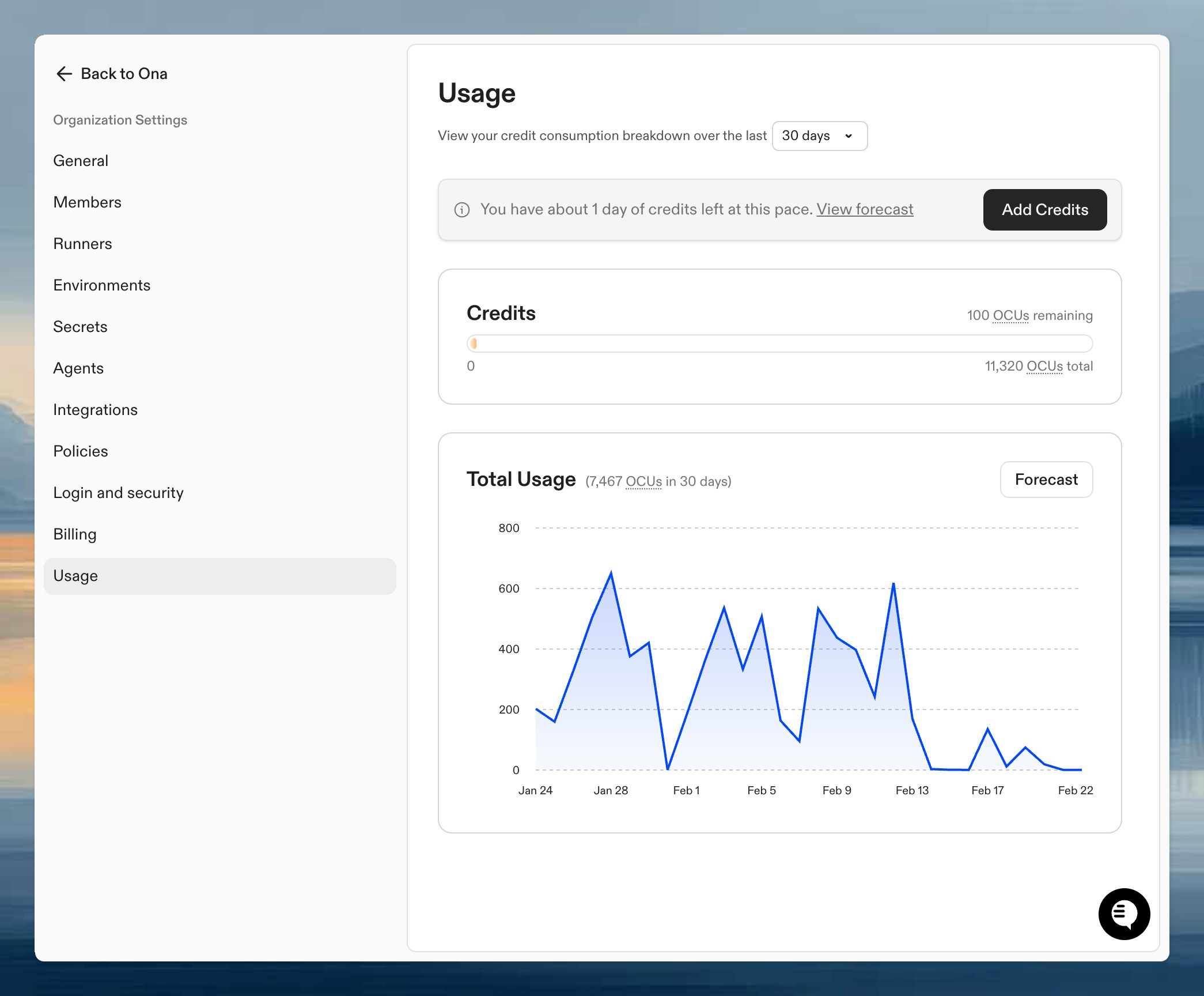 Usage page showing credit balance and daily consumption chart