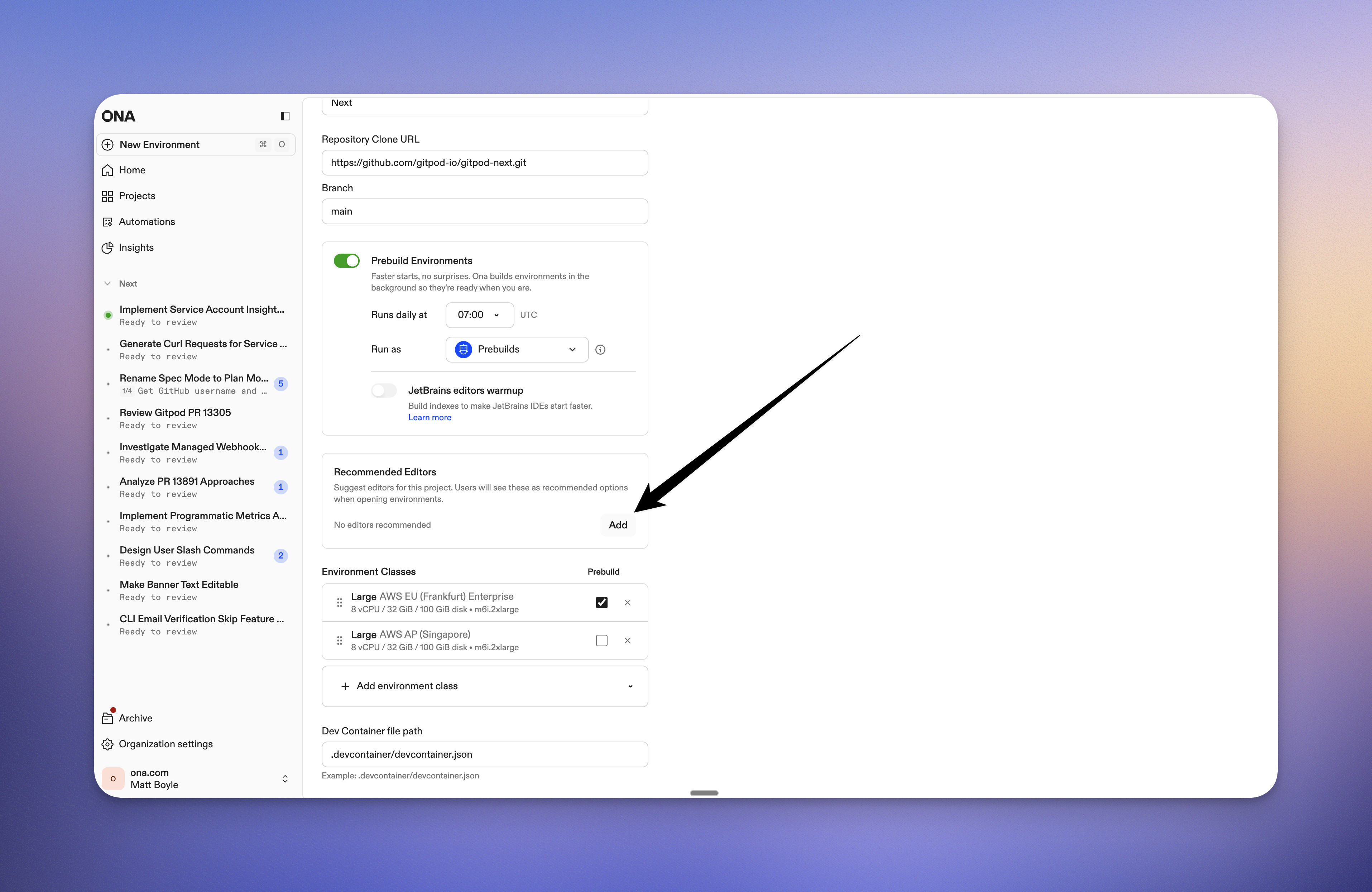 Recommended Editors section in project settings