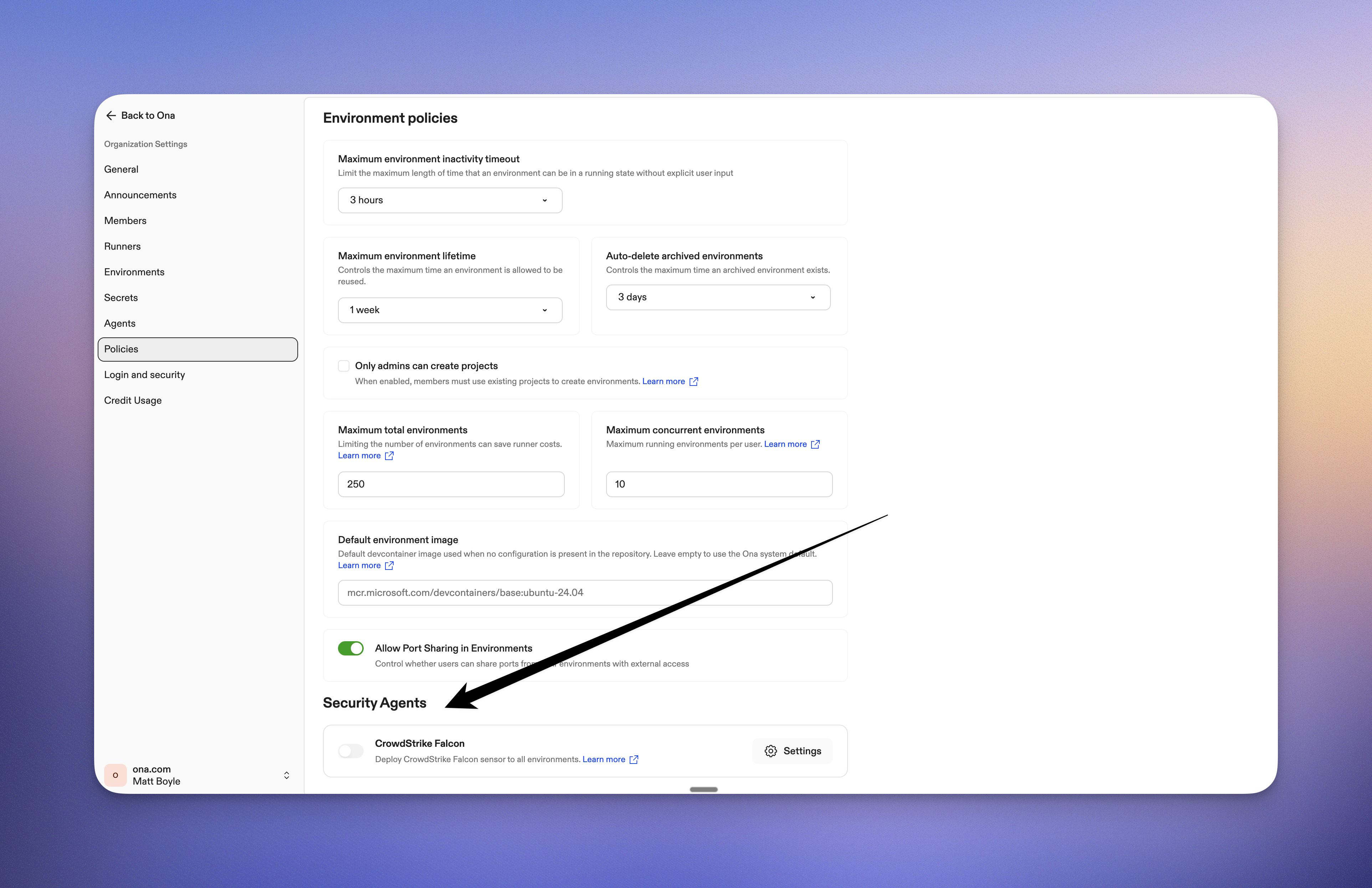 Security Agents section showing CrowdStrike Falcon toggle in Settings > Policies