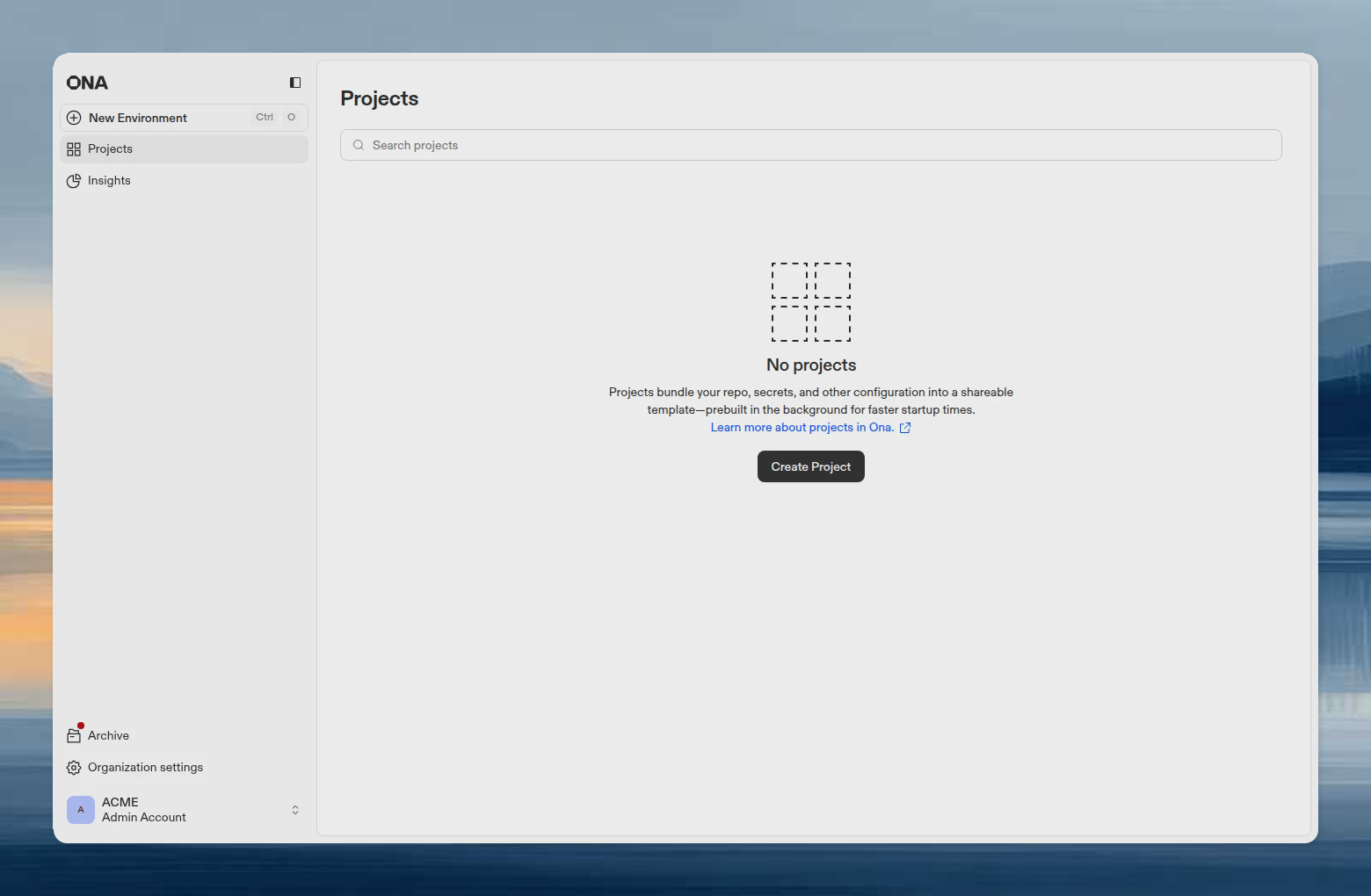 No projects screen showing Create project button