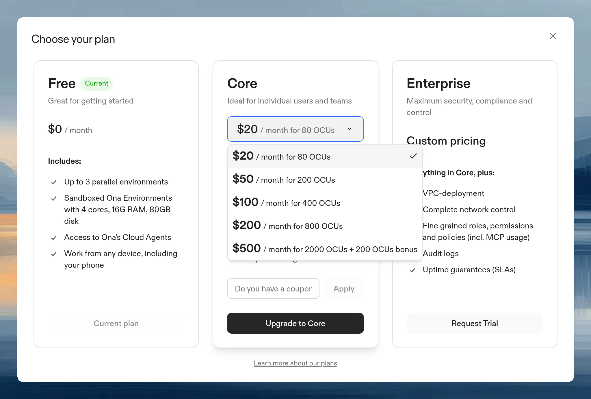 Plan selection interface showing different monthly credit allocation options for Core subscription