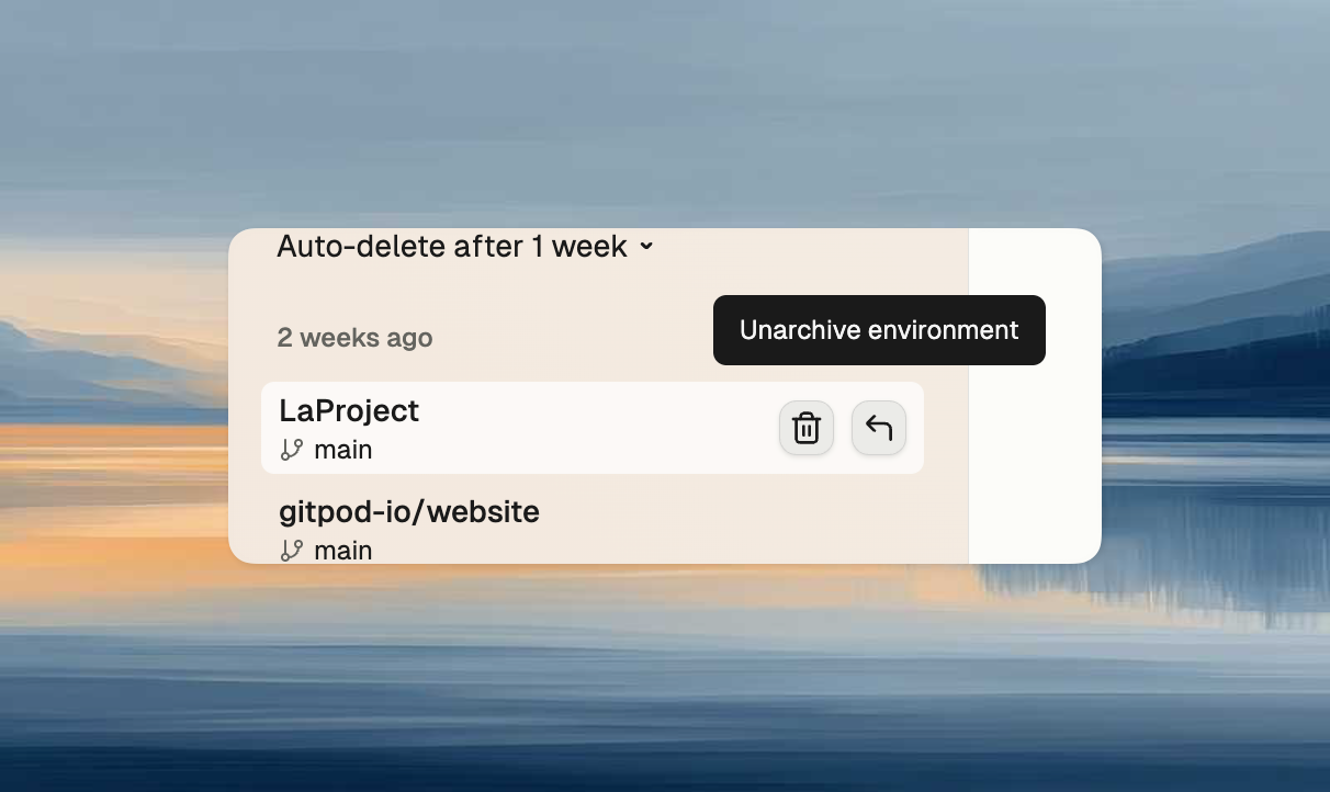 Archive view showing environment actions