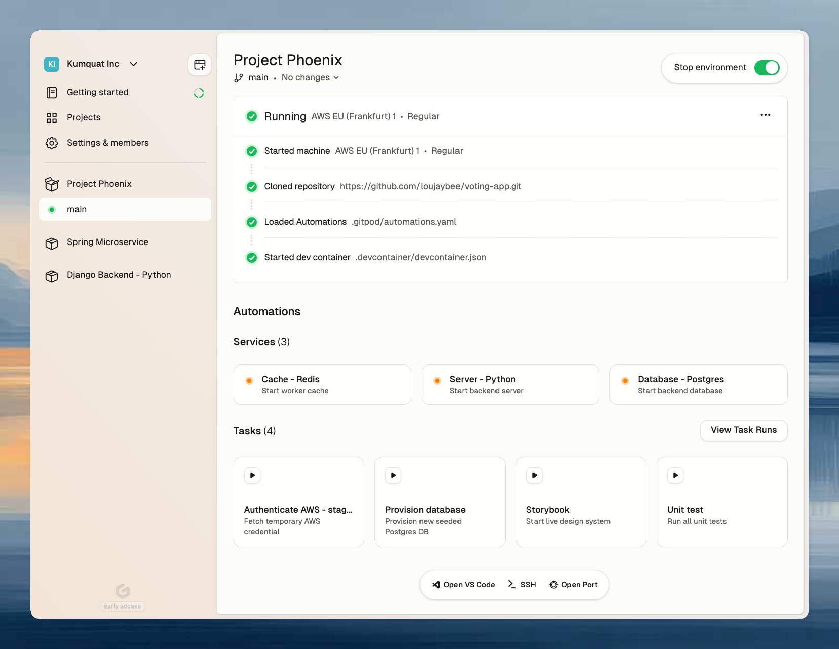Environment details panel showing Tasks and Services section with status indicators