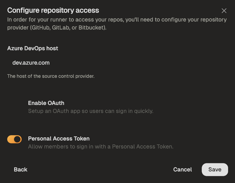 Azure DevOps provider configuration dialog with Personal Access Token toggle enabled
