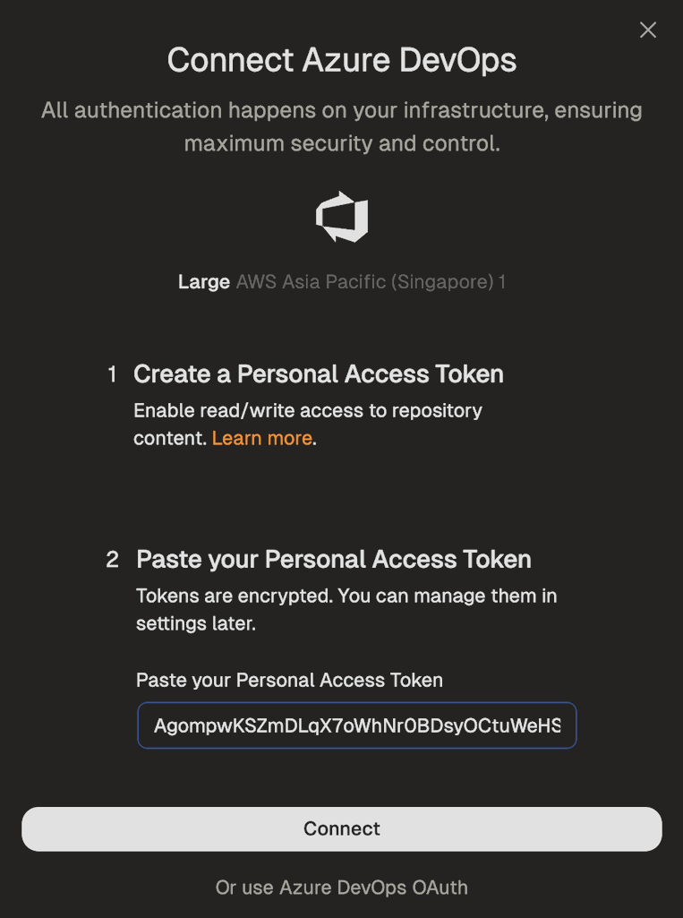 Dialog for entering the Azure DevOps Personal Access Token