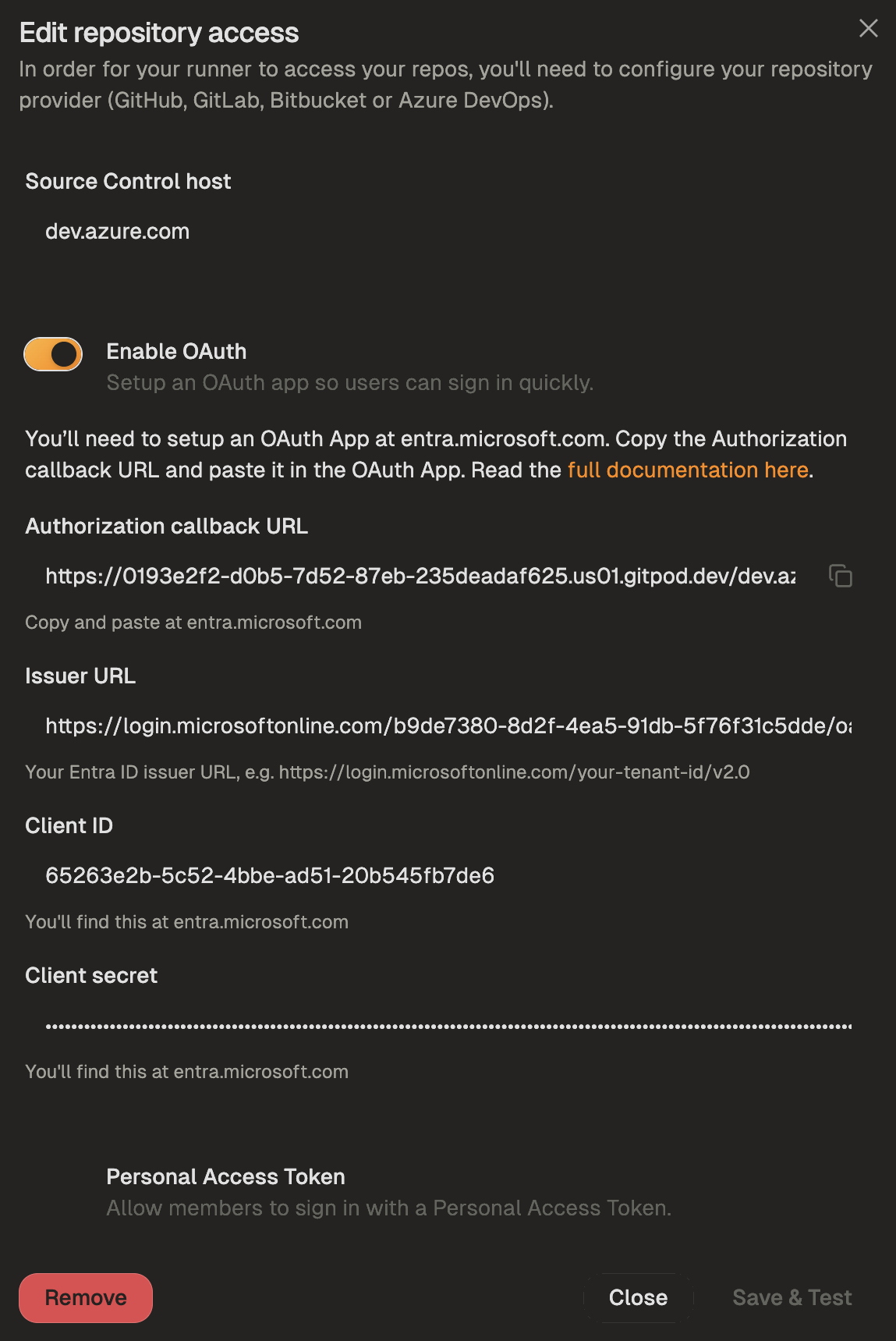 Azure DevOps Entra ID OAuth configuration dialog with fields for Client ID, Client Secret, and Issuer URL