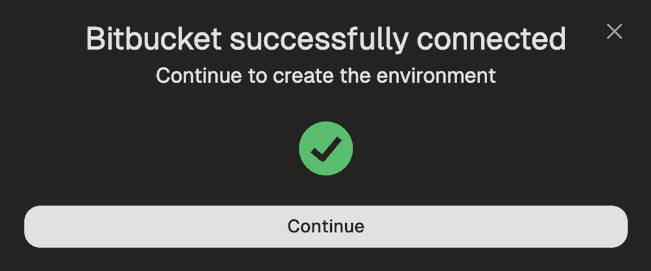 Success confirmation showing Bitbucket is now connected to your account