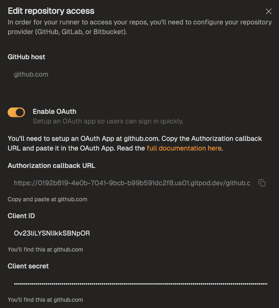 GitHub provider configuration dialog with OAuth toggle enabled