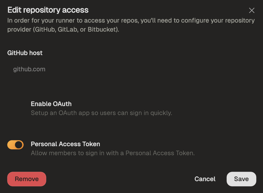 GitHub provider configuration dialog with Personal Access Token toggle enabled