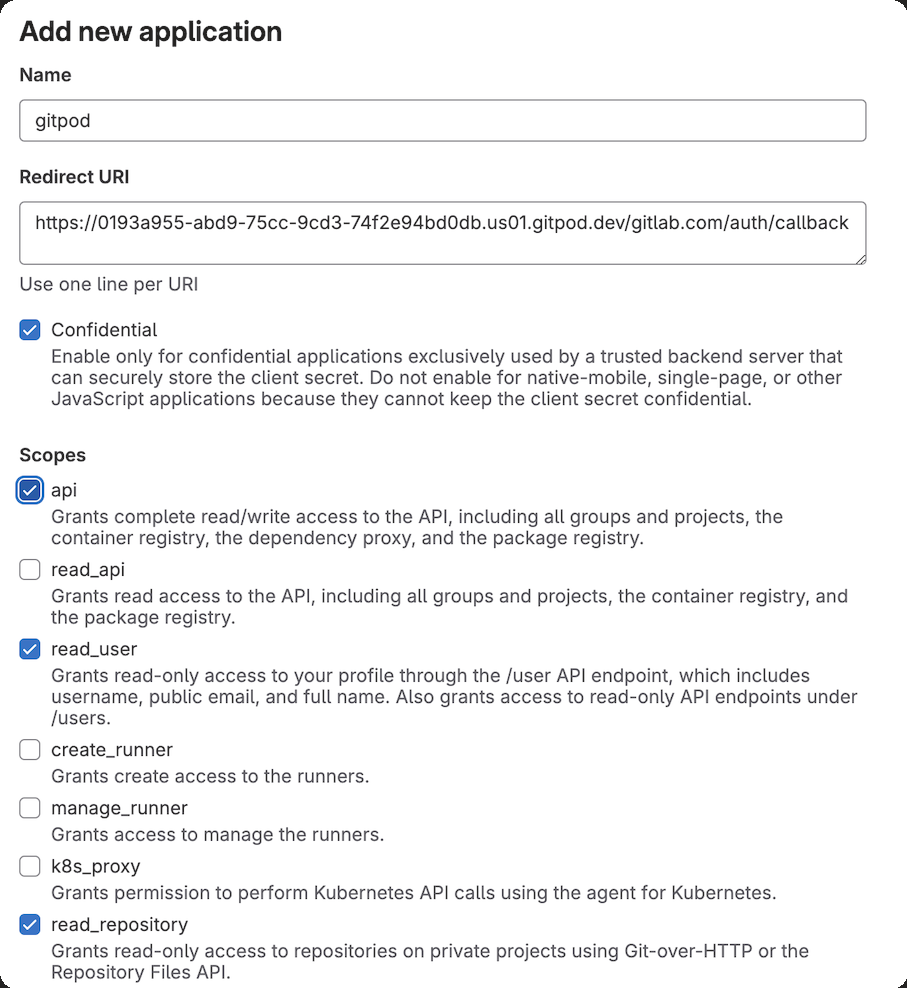 GitLab OAuth application settings showing required scopes configuration