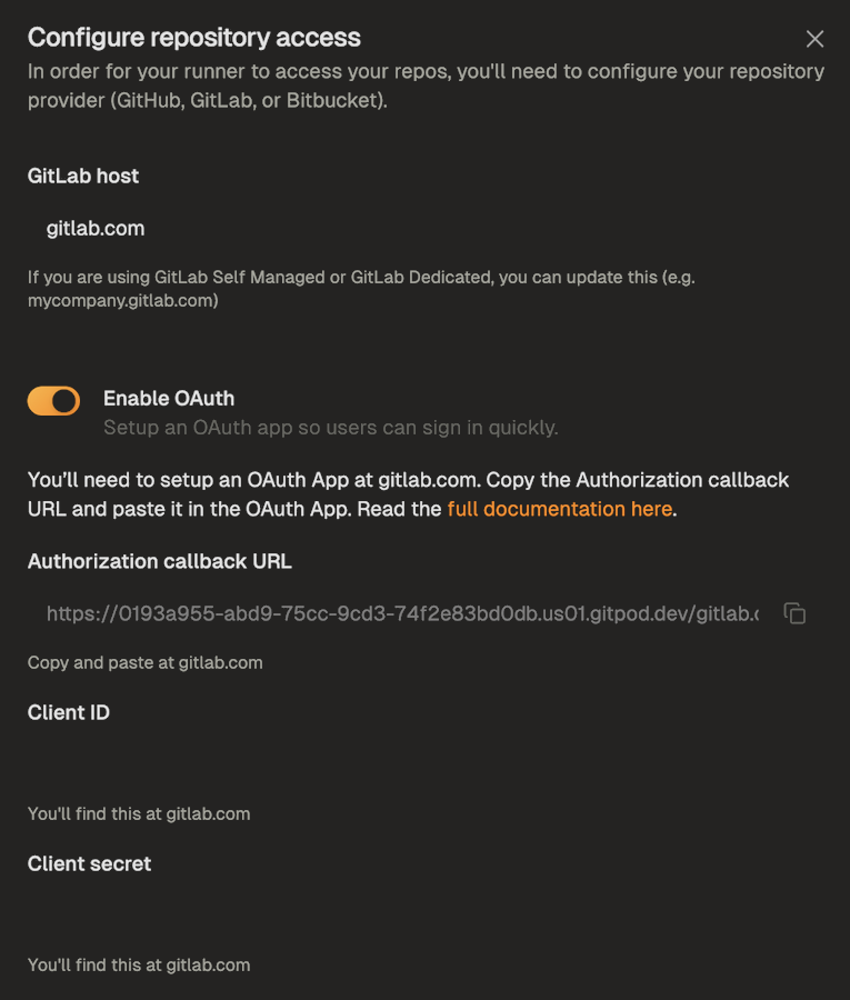 GitLab provider configuration dialog with OAuth toggle enabled