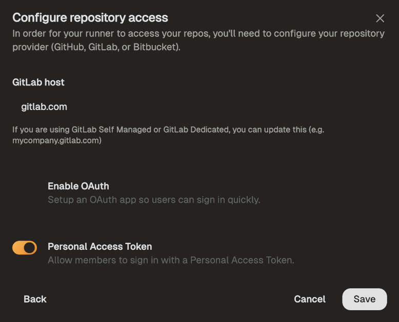 GitLab provider configuration dialog with Personal Access Token toggle enabled