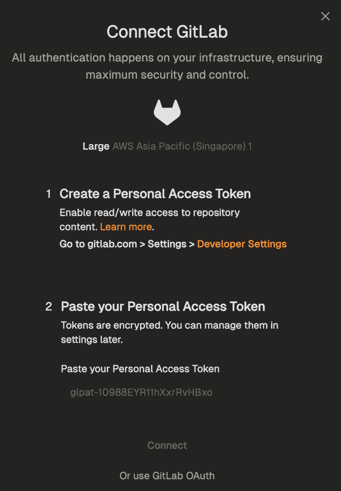 Dialog for entering the GitLab Personal Access Token
