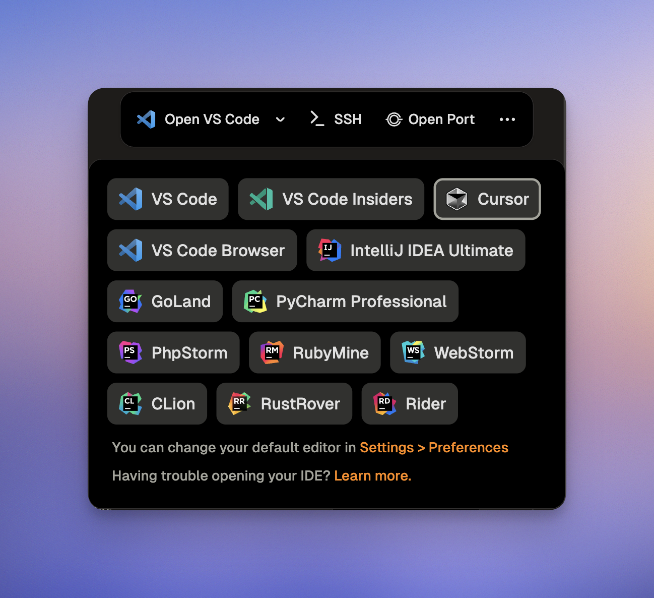 Editor dropdown showing Cursor option in the action bar