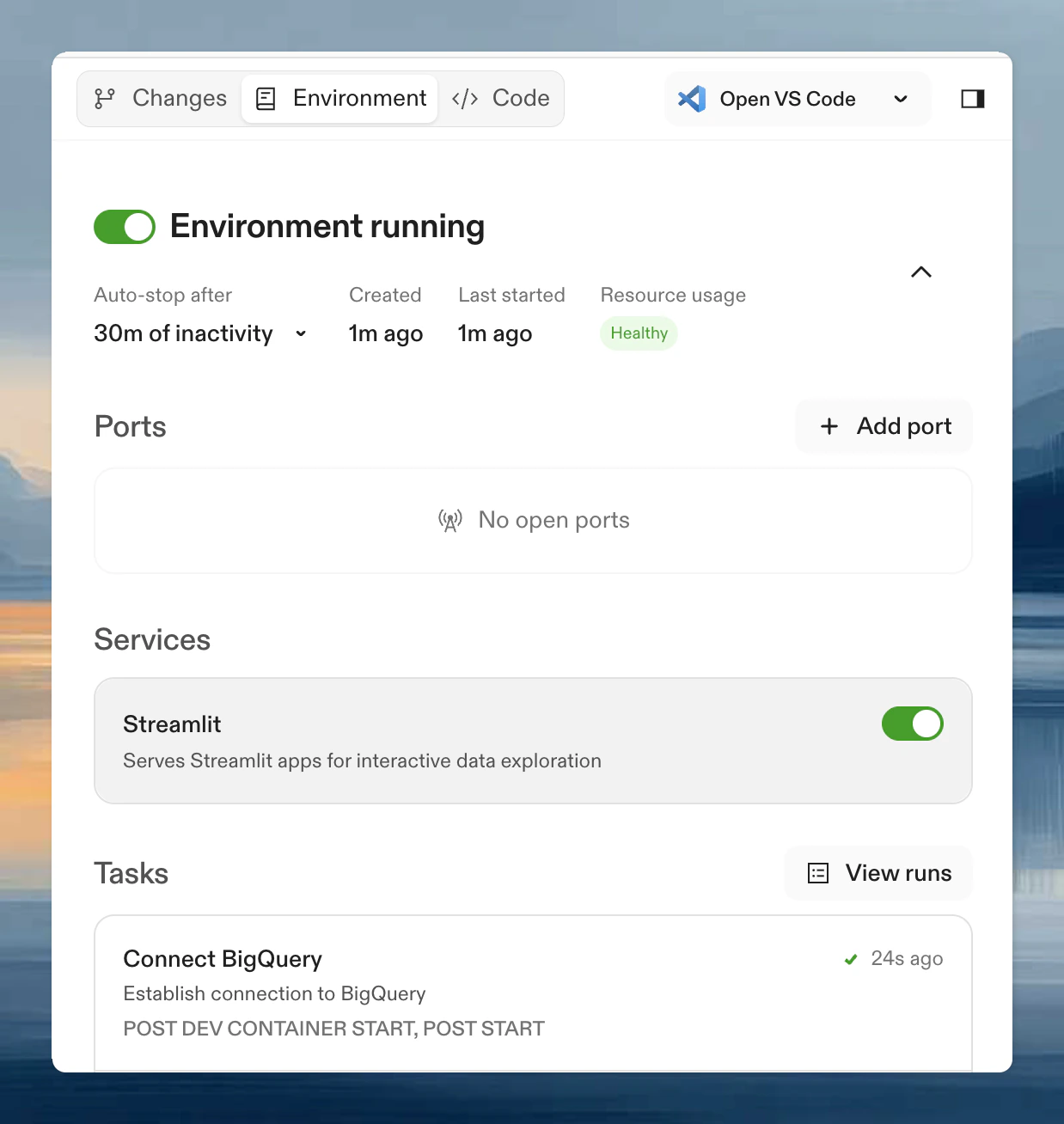 Tasks and Services in environment details