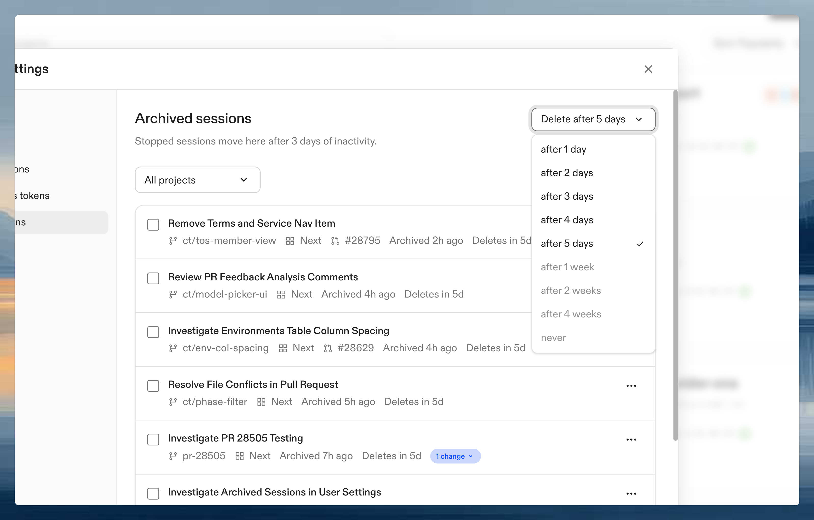 Archived sessions auto-delete dropdown in user settings