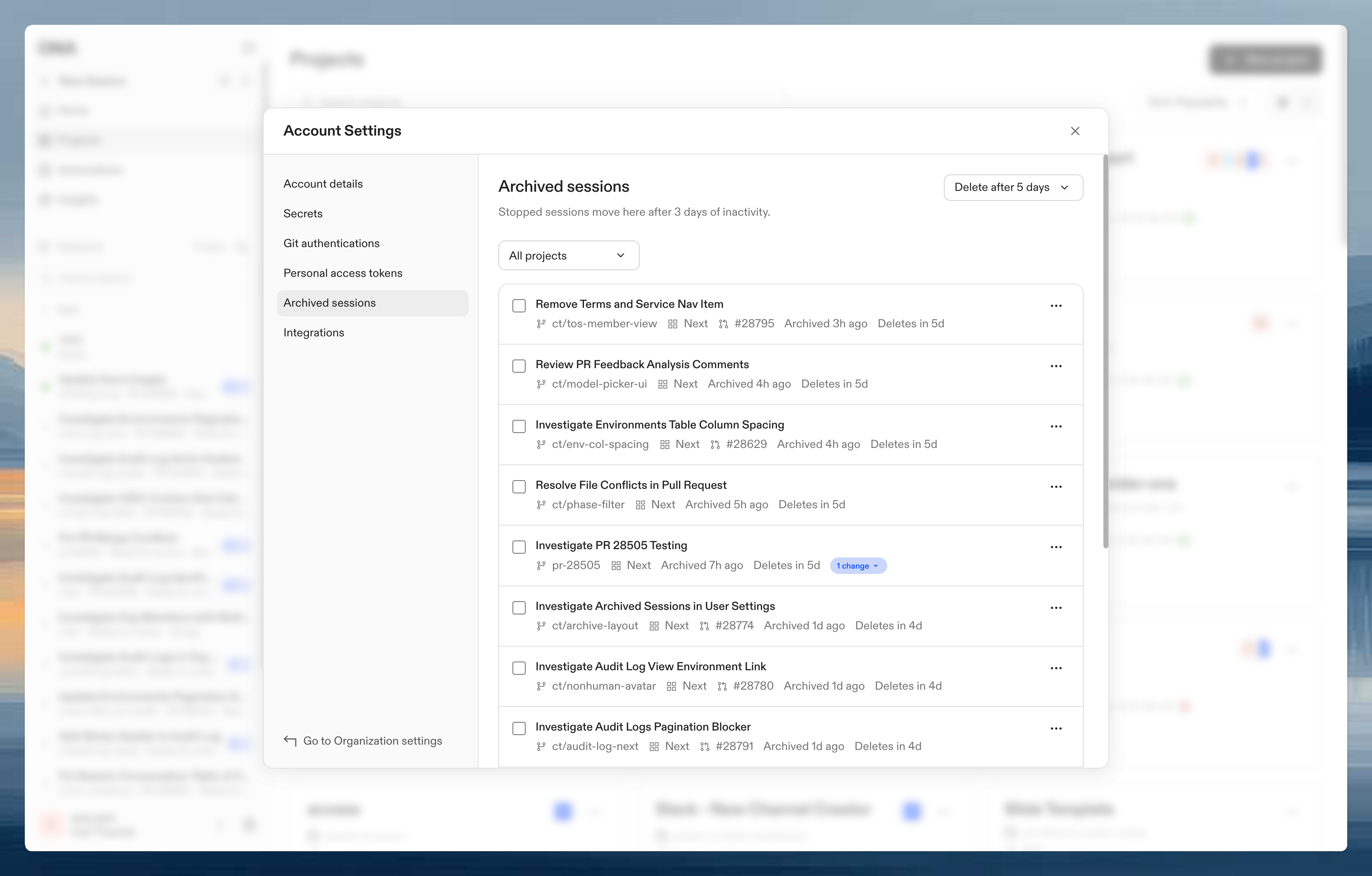 Archived sessions page in user settings