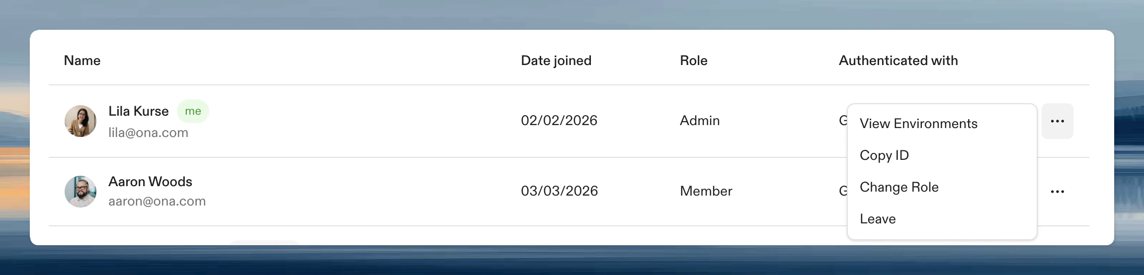 Member dropdown showing View Environments, Copy ID, Change Role, and Leave options