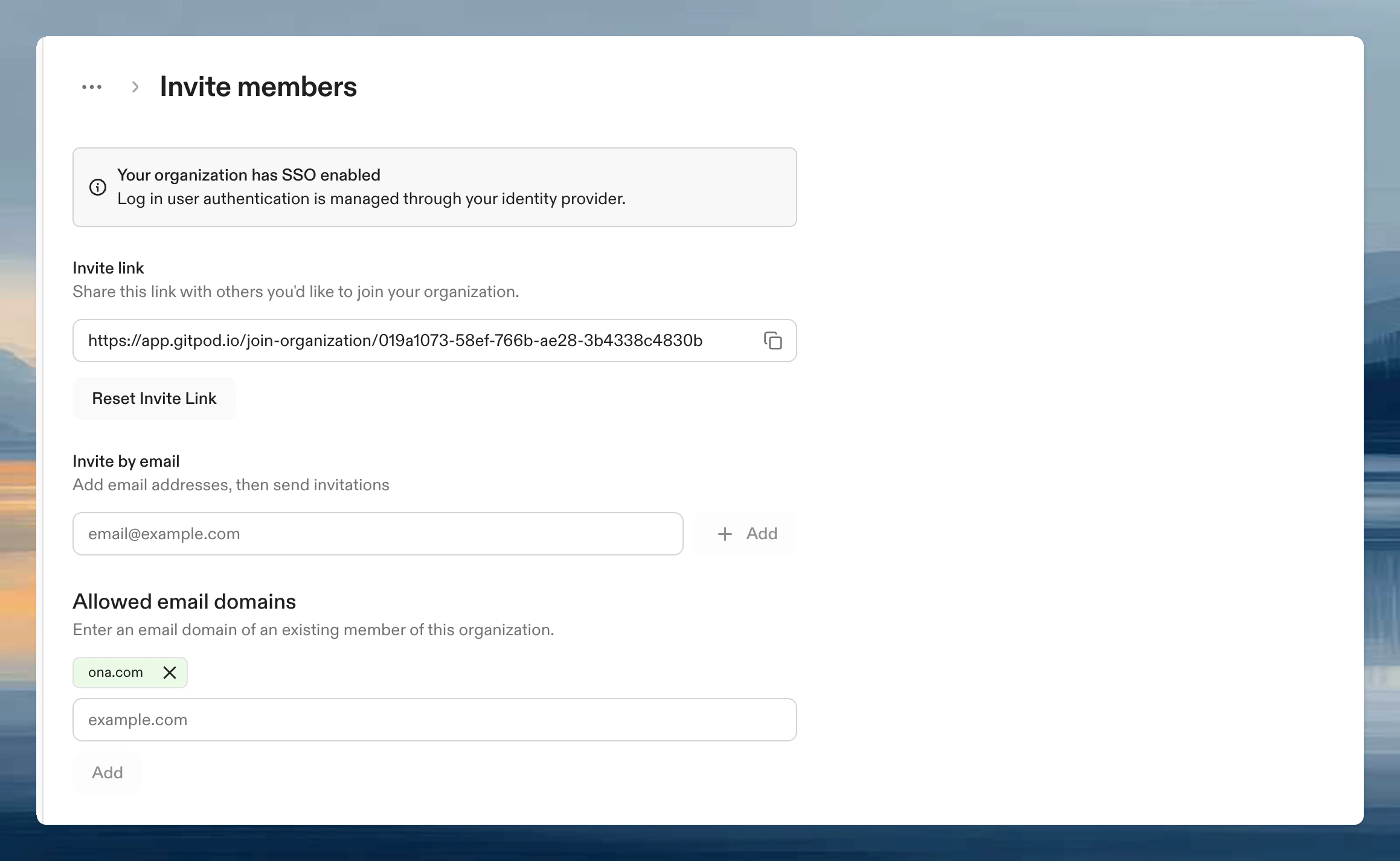 Invite Members dialog showing invite link, invite by email, and allowed email domains options